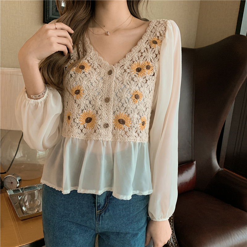 Embroidery Daisy - Haak Top Chiffon Bloem Borduurwerk Daisy
