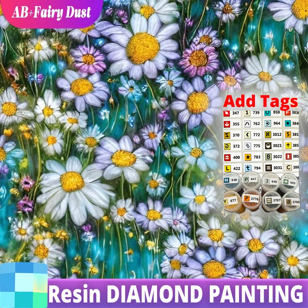 Embroidery Daisy Flower - AB Fairy Dust Hars Volledige vierkante