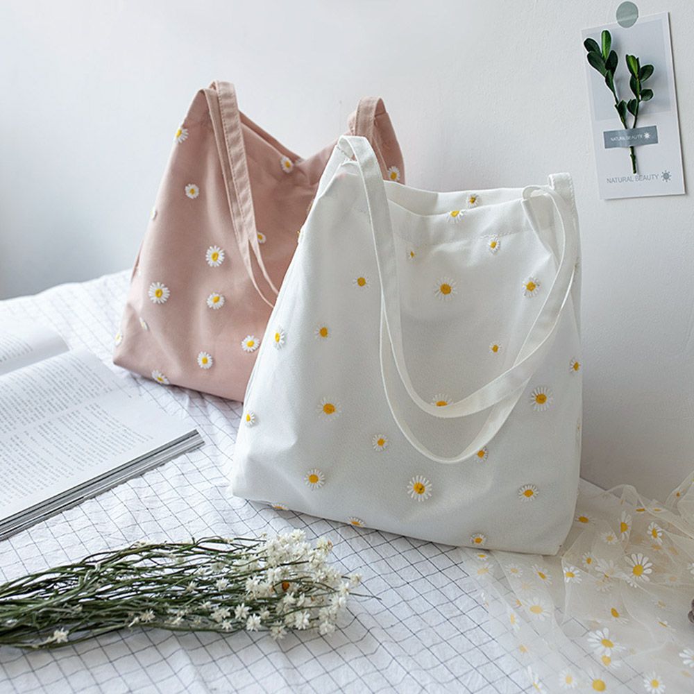 Embroidery Daisy Flower - Vrouwen Canvas Tassen Meisjes Winkelen Handtas