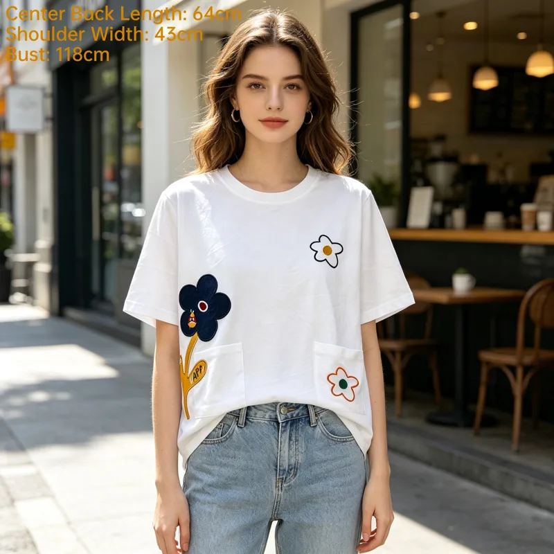 Embroidery Patch - Dames losvallende T-shirt met bloemenpatch, borduurwerk,