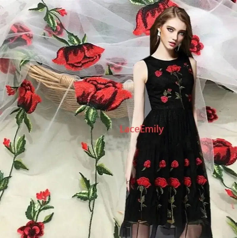 Embroidery Rose - Rode Roos Kant Stof bloem borduurwerk