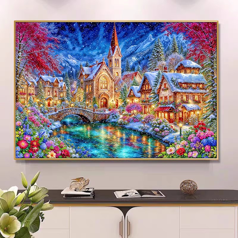 Embroidery Tas - 9ct 100x75cm Winter Kerk Borduurwerk DIY