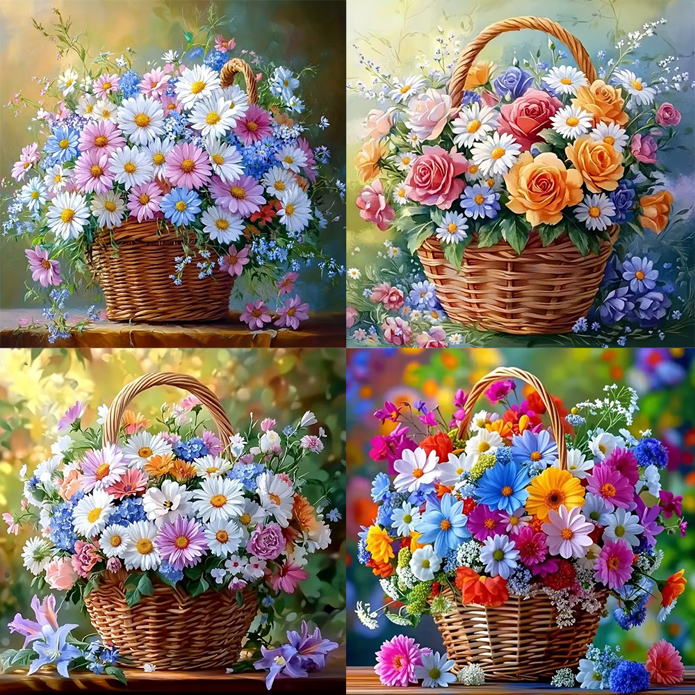 Embroidery Daisy Flower - Diamond Painting Rose Peony Flower Basket